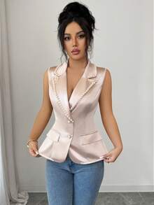 SHEIN Clasi Women's Solid Color Faux Pearl Decor Asymmetric Lapel Single Breasted Elegant Sleeveless Blazer - Apricot - View 3