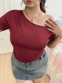CovetEZ 大码女式夏季休闲通勤简约纯色不对称领修身T恤 - 紅色 - 查看 4