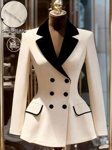 Franclia Áo blazer nữ cỡ lớn thời trang công sở mùa xuân/hè mới, kiểu dáng đa năng, cài khuy đôi, ve áo phối màu tương phản, áo khoác ngoài thanh lịch mùa thu, trang phục công sở thường ngày cho nữ, blazer tinh tế mùa thu, trang phục công sở thường ngày cho nữ, nữ văn phòng/giáo viên, blazer thanh lịch, phù hợp cho công việc hàng ngày, có thể mặc như bộ vest công sở thường ngày cho nữ. - Màu be - Xem 3