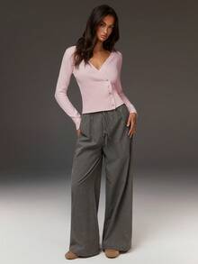 Athîral 女士休闲纯色交叉裹身长袖舒适针织上衣 - 淺粉色 - 查看 3