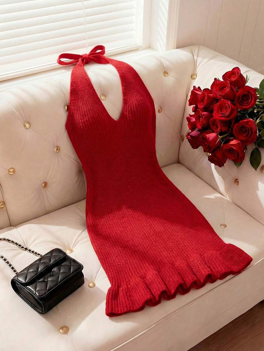 Franclia 早春浪漫情人节氛围V领露背系带修身3D立体花朵荷叶边针织连衣裙 - 紅色 - 查看 1