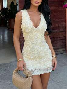 Firerie Yellow Knitted Fabric Sleeveless Mini Pencil Dress With Deep V Neck And Plants Pattern Details - Yellow - View 1