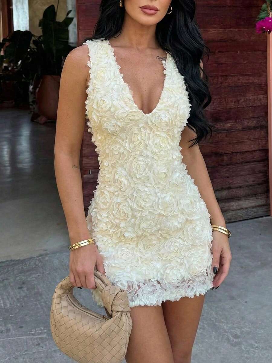 Firerie Yellow Knitted Fabric Sleeveless Mini Pencil Dress With Deep V Neck And Plants Pattern Details - Yellow - View 1