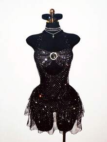 Jeanoix Women's Party Dress, Sparkling Fishnet & Rhinestone Material, Suitable For Bar, Party, Club Outfit - Black - View 3