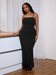 Veslaya Vestido Longo Preto Básico Estilo Sexy com Alças Finas, Decote Nas Costas e Amarração Na Frente, Tecido Elástico de Malha, Tamanhos Grandes, Adequado para Ocasiões Elegantes, Casuais, Férias, Passeios Diários, Reuniões, Encontros, Festivais de Música, Jantares e Festas - Preto - Visão 7