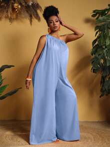 Slaydiva 大码女式纯色褶皱休闲连体裤，适合度假和日常穿着，单肩连体裤，Y2K风格连体裤，阔腿连体裤 - 淺藍色 - 查看 5