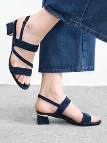 CUCCOO BIZCHIC Giày sandal mũi tròn màu xanh hải quân dành cho nữ, kiểu dáng thanh lịch kiểu Pháp, quai ngang dày, gót cao, phù hợp với váy mùa hè. - Màu xanh lam - Xem 5