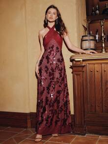 Anewsta Spring/Summer New Arrival High-End Elegant Halter Sequin Pearl Shiny Sequin Dress, Sleeveless, Red, Suitable For Gala, Party, Wedding - Red - View 2