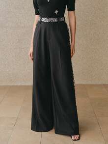 Anewsta 春季新款女士黑色办公裤，时尚撞色亮片装饰喇叭休闲西装裤 - 黑色 - 查看 5