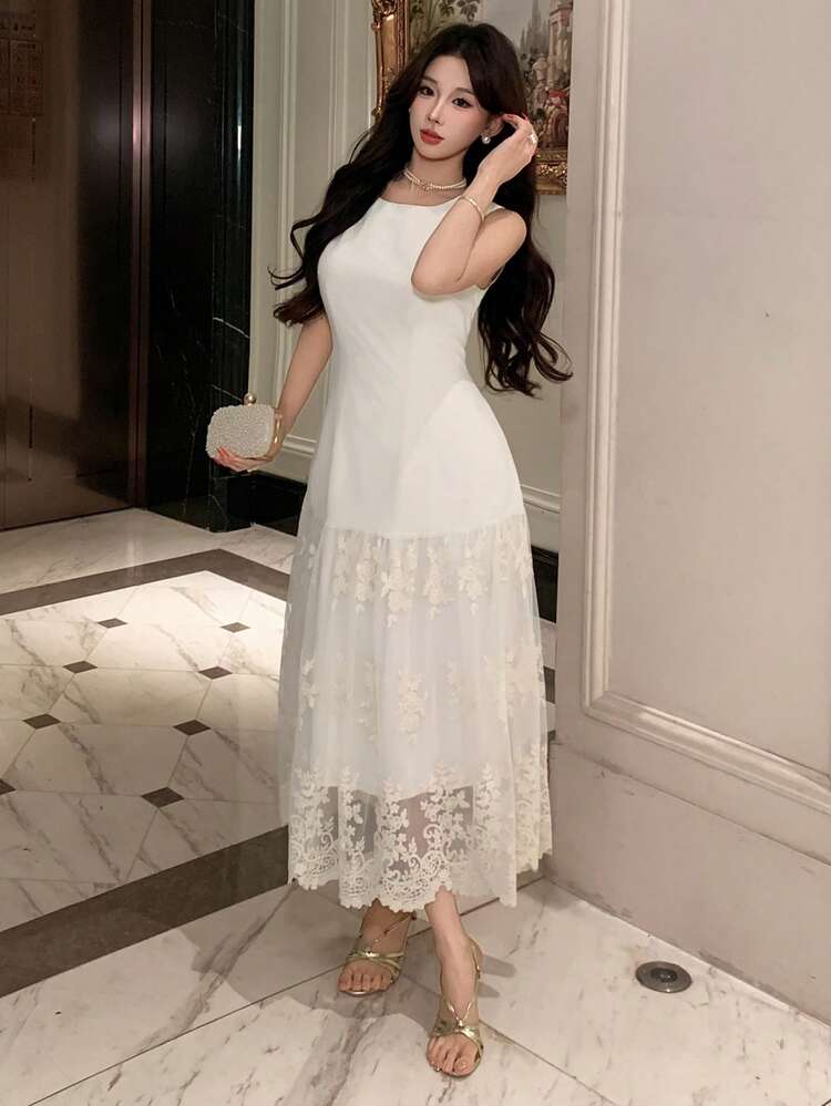 Women's Elegant Lace Patchwork Round Neck Sleeveless Mid-Length Dress, Summer Wedding Guest Dress Sundress Cocktail Dress