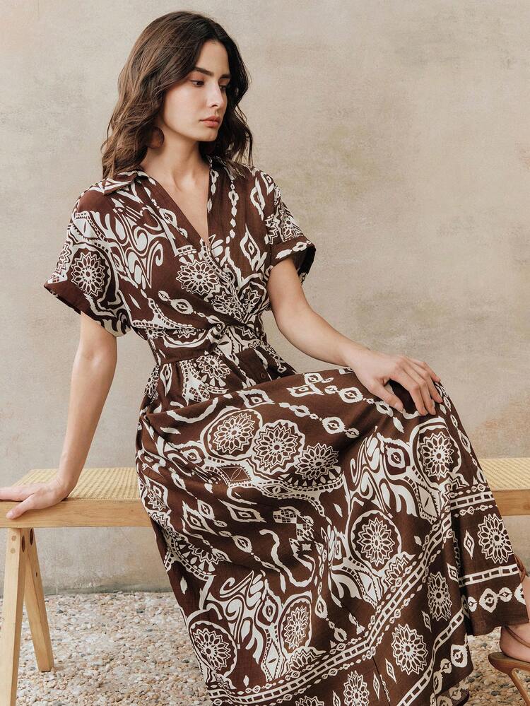 Stylish V-Neck Single-Breasted Shirt Dress With Waist Twist Detail, Women Long Dress For Festival, Going Out, Vacation