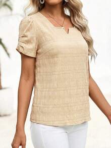 EMERY ROSE 女士夏季短袖V领褶皱袖口衬衫 - 卡其色 - 查看 4