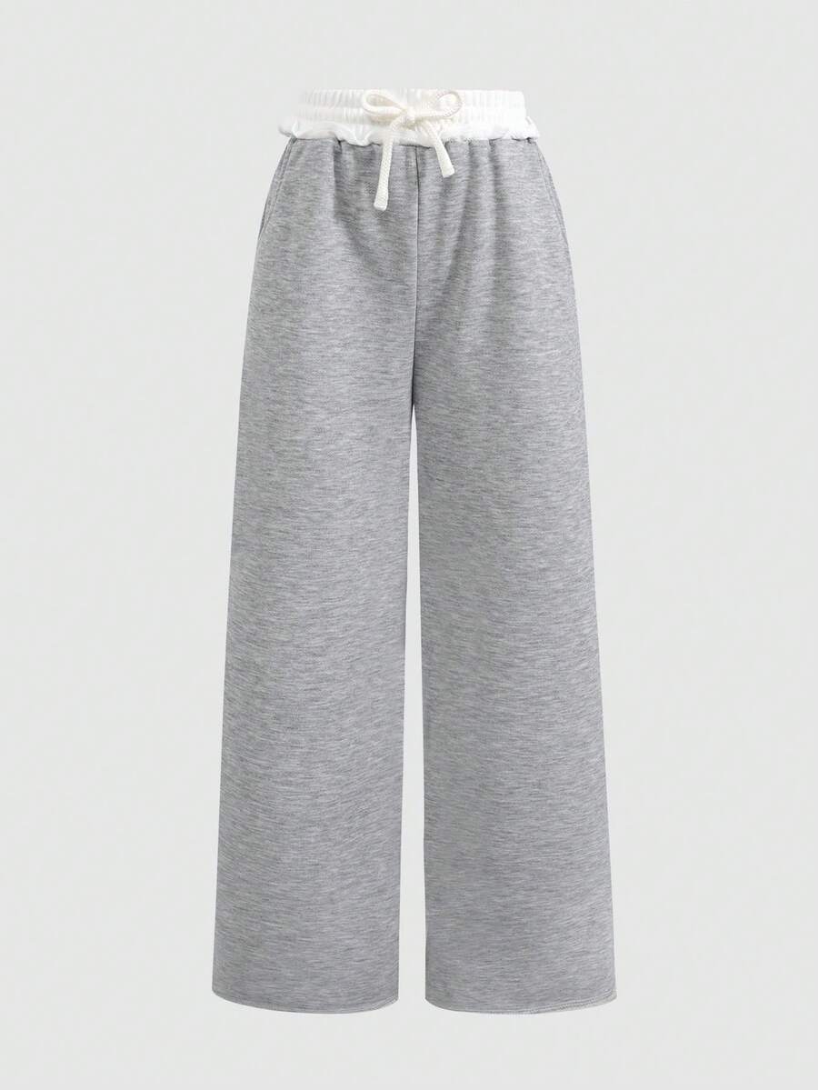 SHEIN Tween Girls' Contrast Color Drawstring Waist Pockets Wide Leg Loose Casual Sweatpants - Blue - View 1