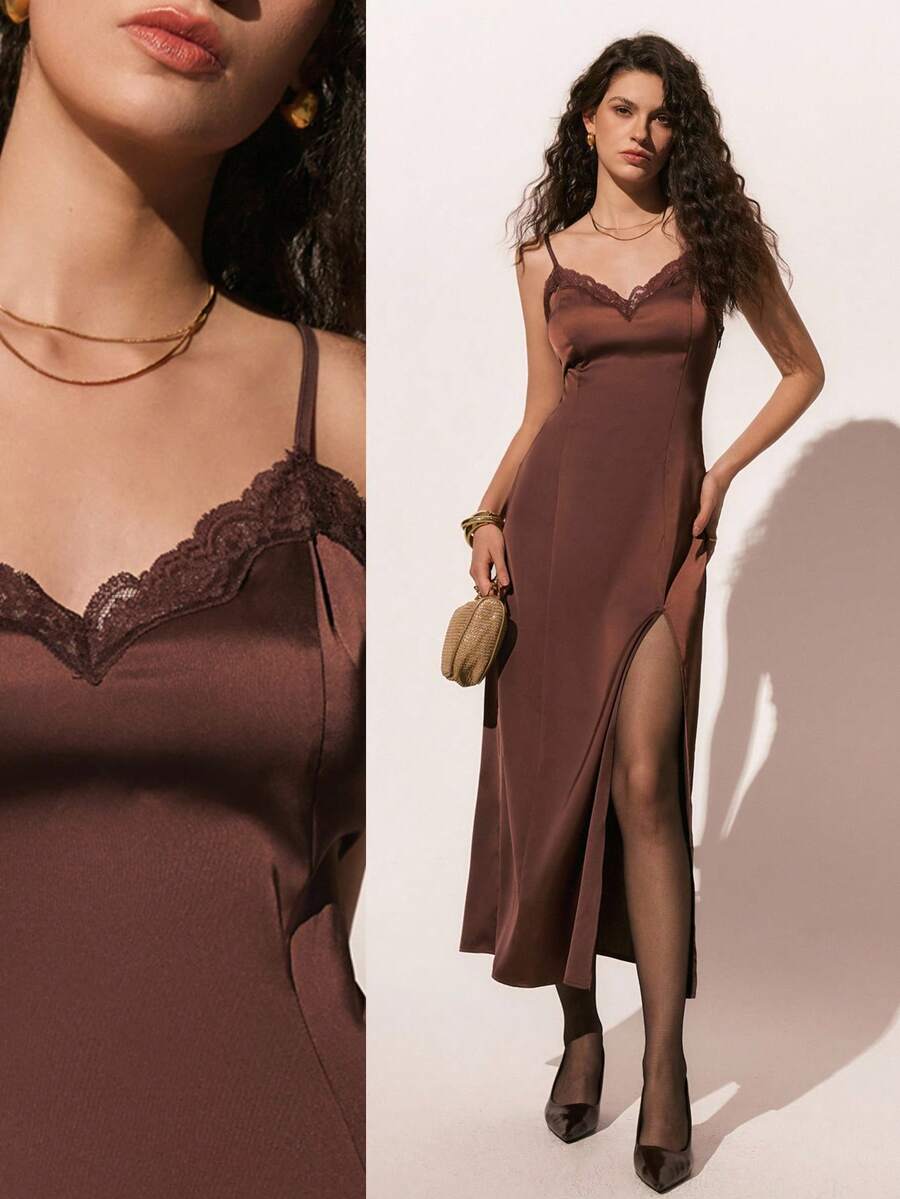 Poéselle 女士纯色吊带无袖蕾丝边性感连衣裙 - 棕色 - 查看 1