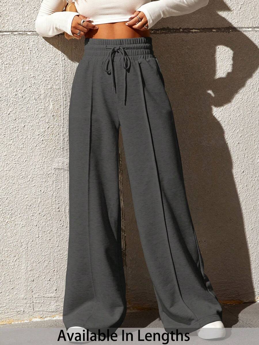 SHEIN Tall CURVE 大码女式纯色抽绳腰休闲百搭通勤阔腿裤 - 灰色 - 查看 1