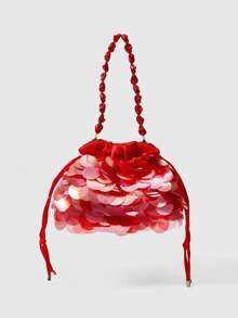 SHECARRY Bolso de mano con cordón y brillo para uso diario de moda para mujer - Rojo - Ver 5