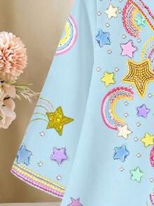 Vestido árabe de manga larga con bordado floral vintage elegante, minimalista y casual, adecuado para primavera/verano, elegante y modesto, para niñas jóvenes con estampado de estrella y luna - Multicolor - Ver 3