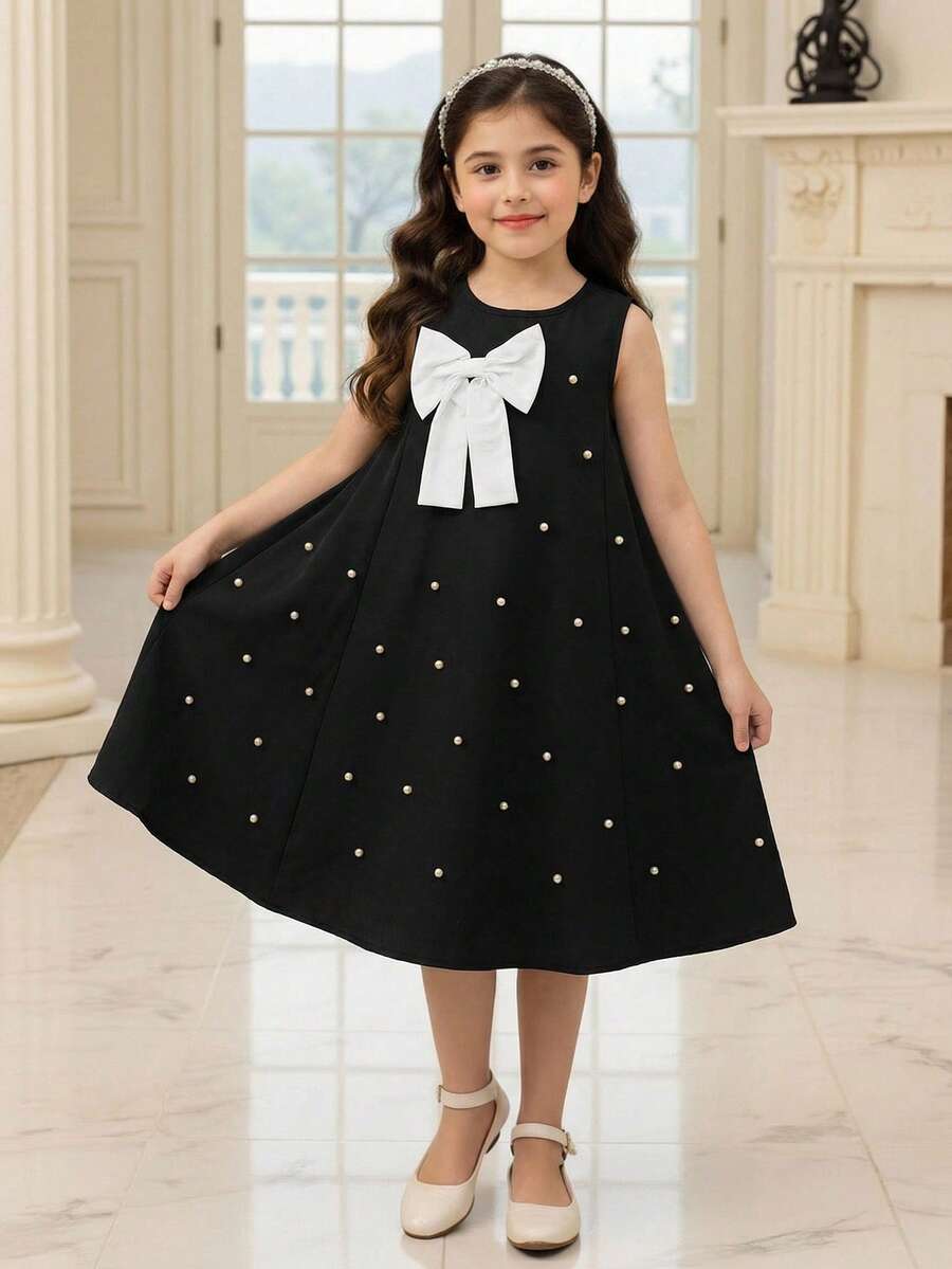 SHEIN Elladie kids Young Girls Sleeveless Elegant & Casual Bow Design Mid-Length Dress Black Dress Pearls Toddler Elegant Black Dress Black Dress White Bow Church Dress Black Girls Black Dress - Black - View 1