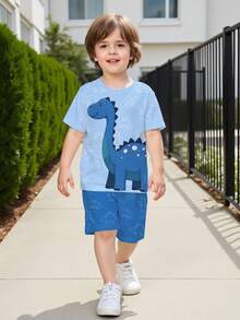 一套男童休闲趣味卡通恐龙印花短袖圆领T恤和短裤套装，夏季 - 彩色 - 查看 8