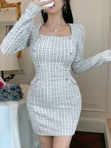 DAZY Women's Square Neck Long Sleeve Short Fitted Waist Elegant Mini Dress Sundress - Black and White - View 1