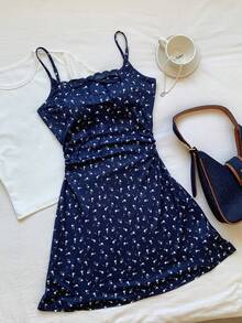Comfortcana Đầm slip ren họa tiết hoa nhí phối màu tương phản dành cho nữ, thích hợp cho kỳ nghỉ hè. - Màu xanh hải quân - Xem 7