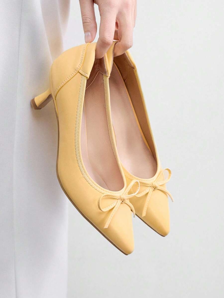 CUCCOO BIZCHIC Bright Yellow Fashionable Simple Bow Comfortable Commuting Thin Heel Medium Heel Pointed All-Inclusive Shoes Spring Shoes - bright yellow - View 1