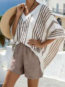 SHEIN Holidaya 2026 Spring/Summer New Relaxed White & Brown Striped Batwing Cover Up And Light Brown Shorts, Lazy Beach Vacation Spring/Summer Fashionable And Versatile Casual Loose-Fitting Short-Sleeved Khaki Striped T-Shirt And Shorts; V-Neck Casual Outing Top And Solid Color Shorts Summer Outfits For Women  Spring Clothes Women Spring Break Outfits Spring Outfit Beach Outfits For Women Beach Shorts Beach Outfits Beach Pants  Going Out Tops For Women Vacation Outfits Women Holiday Outfits For Women Summer Ho - Khaki - View 6