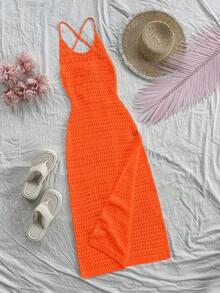 SHEIN Unity 时尚镂空性感纯色连衣裙女，适合夏季 - 橘色 - 查看 4