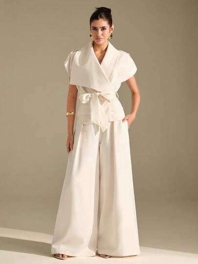 CLARA VERO Women's Asymmetrical Neck Tie Waist Sleeveless Top And Wide Leg Pants 2 Pieces Set