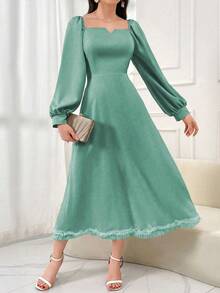 Modelyn Đầm dài tay dáng chữ A màu xanh lá cây dệt kim, thắt eo, thanh lịch, lãng mạn, điểm xuyết ngọc trai, dành cho nữ, thích hợp cho mùa xuân/hè. - màu xanh lá - Xem 7