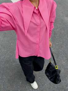 Camisa de solapa grande camisa de mujer con puños con volantes - Polvo - Ver 4