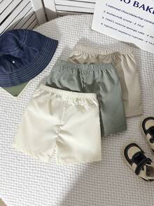 SHEIN Playful Pals 3条装男婴休闲纯色短裤套装，柔软轻盈的卡其布短裤，适合夏季度假、海滩日常穿着 - 彩色 - 查看 3