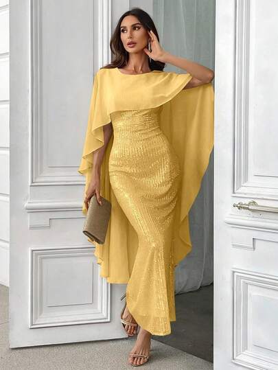 SHEIN Belle Women's Elegant Sequin Decorated Ball Gown Maxi Dress, Semi Formal Prom Dress, For Birthday, Wedding Guest, Graduation Homecoming For Holiday Party Clothes