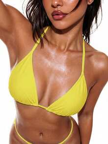 Swim Basics 女士纯色挂脖系带性感比基尼泳衣上装 - 鵝黃色 - 查看 4