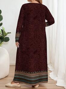 EMERY ROSE Red Floral Retro Print Plus Size Long Sleeve Round Neck Maxi Dress, Suitable For Spring/Summer - Multicolor - View 2