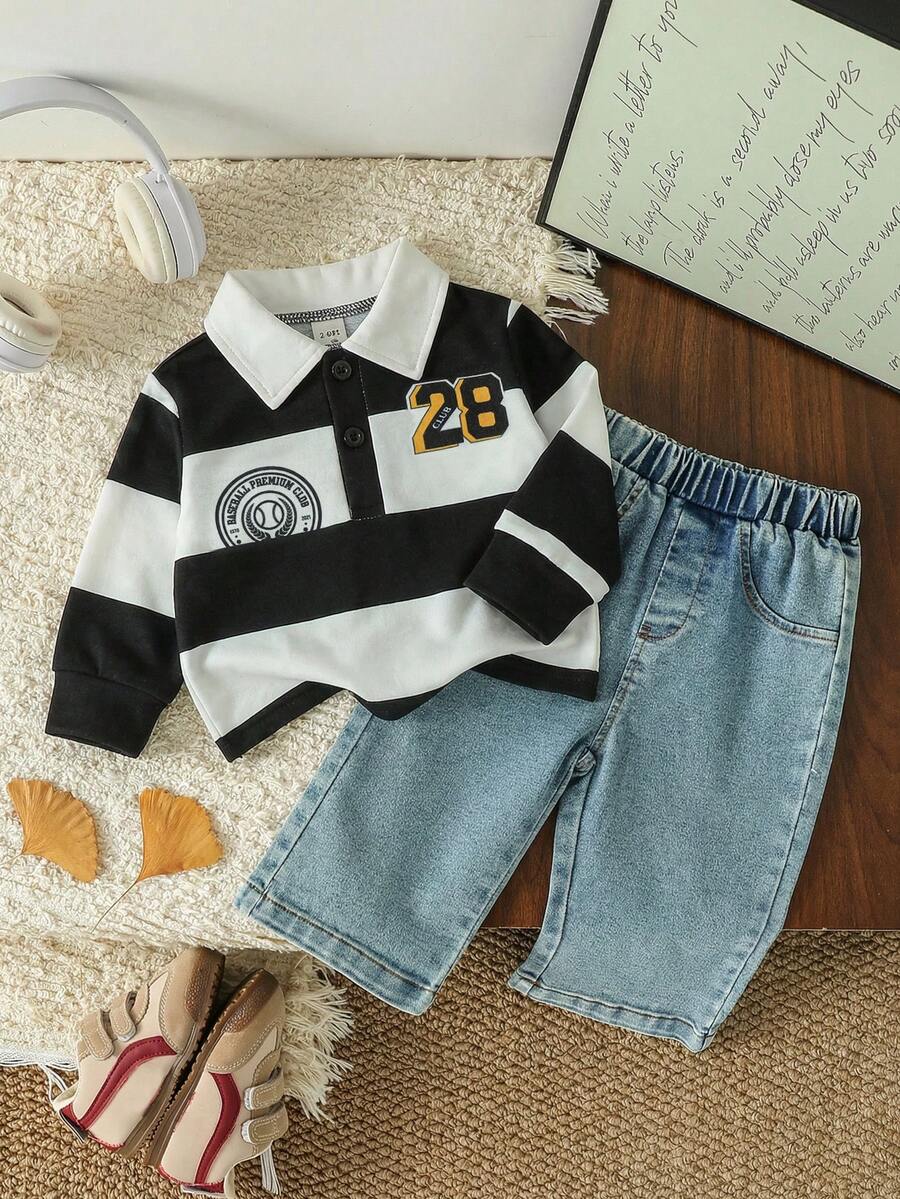 SHEIN Playful Pals 男婴休闲运动学院风条纹Polo衫和蓝色牛仔裤套装,两件套,带徽章和数字印花,适合搭配外套,运动、上学、度假、旅行、冬季穿着。 - 黑色 - 查看 1