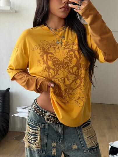 Coolane Women's Winter/Fall Streetwear Casual Hippie Preppy Grunge Punk Goth Cotton Graphics Oversized Long Sleeve T-Shirt