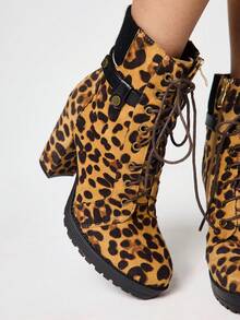 ROMWE Grunge Punk 女士豹纹时尚日常通勤铆钉搭扣高跟踝靴 - 彩色 - 查看 3