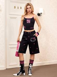 HELLO KITTY AND FRIENDS | SHEIN 女士休闲字母刺绣猫咪印花短裤，夏季 - 紫紅色 - 查看 7