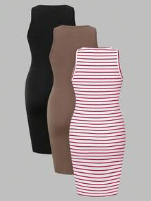 Modmama Maternity Solid Color + Striped Print Round Neck Fitted Sleeveless Dress - Red - View 2