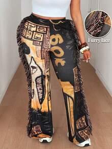 Maweii 大码女式休闲针织高弹罗纹印花面料，松紧腰设计，侧边毛绒带装饰喇叭裤，百搭款式，新款大码女装，适合派对、音乐节等场合，修身长裤 - 彩色 - 查看 3