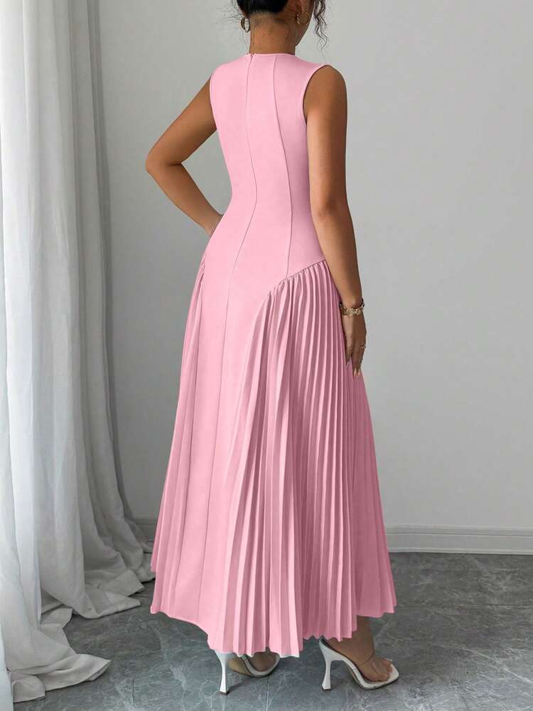 SHEIN Raffinéa 女士极简主义设计立领无袖褶裥A字连衣裙，春夏款 - 粉色 - 查看 2