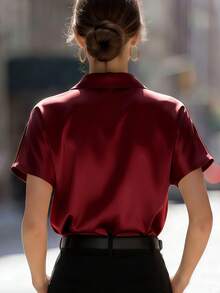 INAWLY Eleganter Mode-Satin-Cardigan mit Perlknöpfen, geeignet für Urlaub, Pendeln und Reisen, Damen Kurzarm Bluse, Frühling/Sommer - Bordeaux - Übersicht 6