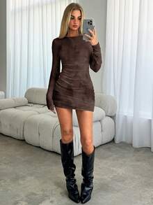 Aloruh 女士纯色圆领长袖褶皱印花修身迷你连衣裙，秋冬款 - 棕色 - 查看 7