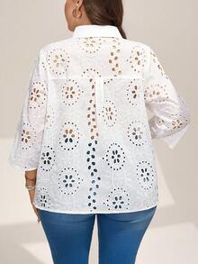 SHEIN LUNE 大码纯色翻领袖衬衫 新年女士冬季优雅女士冬季魅力女士狂欢女士端庄白色镂空上衣镂空衬衫白色蕾丝衬衫 - 白色 - 查看 2