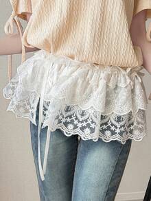 FRIFUL Chân váy xếp ly nhiều lớp bằng ren lưới, thắt nơ và xếp nếp, đa năng dành cho nữ, thích hợp mặc đi biển. - trắng - Xem 3