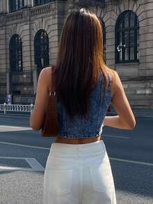 DAZY Women's Fitted Denim Vest, Sleeveless Cropped Denim Jacket - Blue - View 2