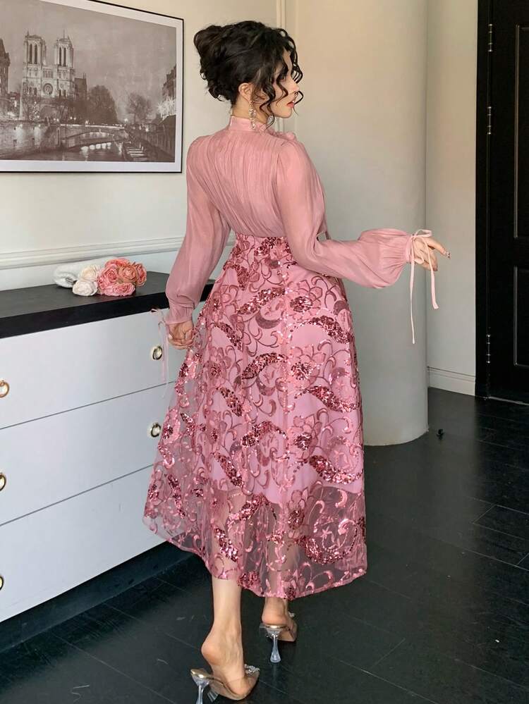 Women's Elegant Sequin Patchwork Flounce Collar Puff Sleeve Mid-Length Dress, Spring/Summer Wedding Guest Dress Maxi Dress Sundress Floral Dresses For Women