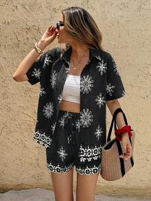 SHEIN Frenchy 女士复古前扣宽松休闲衬衫和短裤两件套 - 黑色 - 查看 3