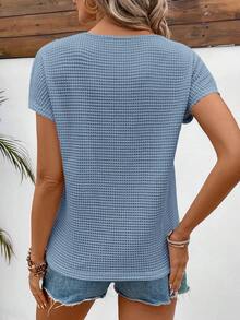 SHEIN Frenchy Áo thun nữ tay ngắn vai rớt, phối ren, chất liệu vải waffle, họa tiết vải dệt nổi. - Màu xanh nhạt - Xem 2
